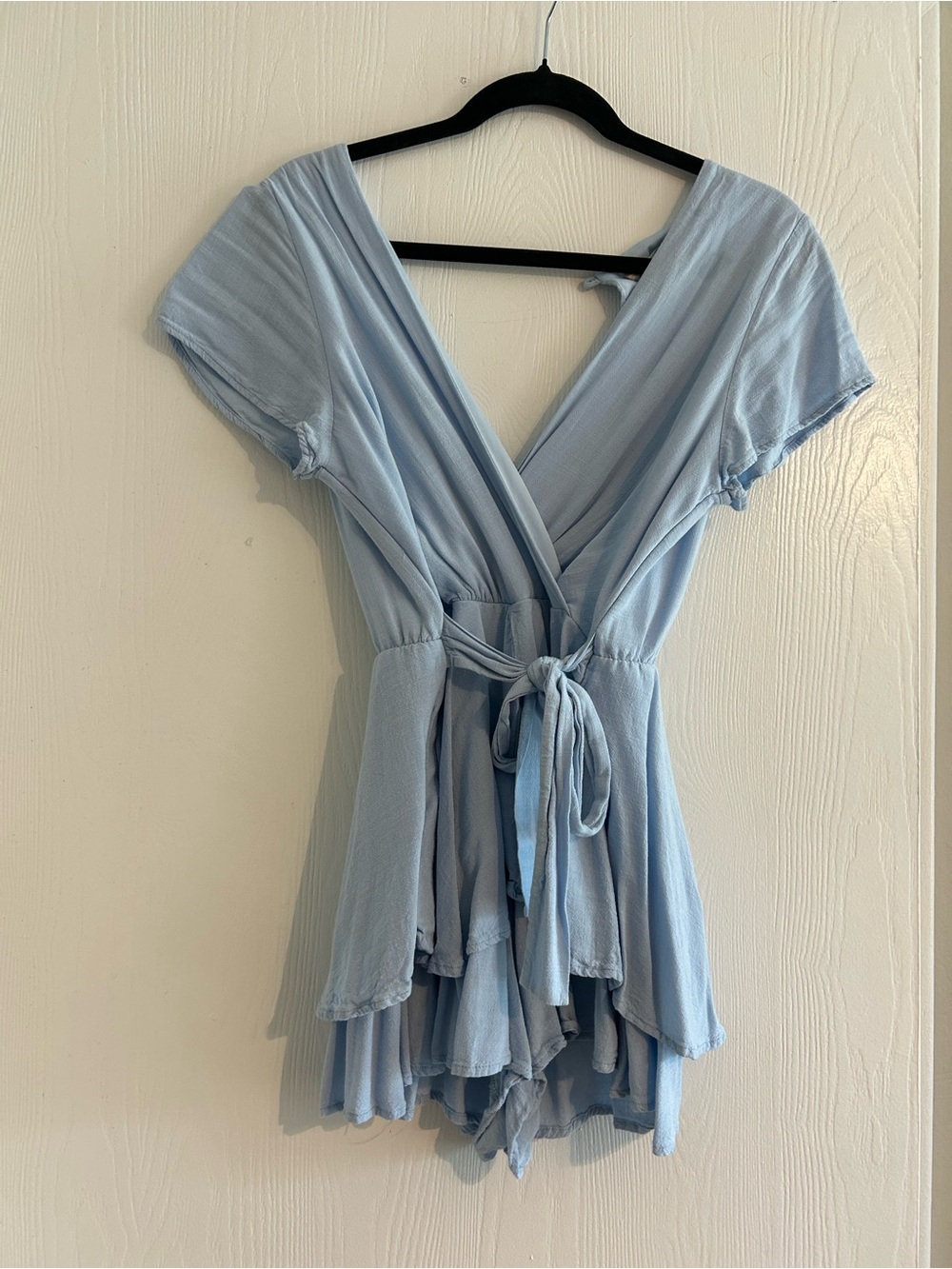 Altar'd State Sky Blue Wrap Romper with Ruffle Hem